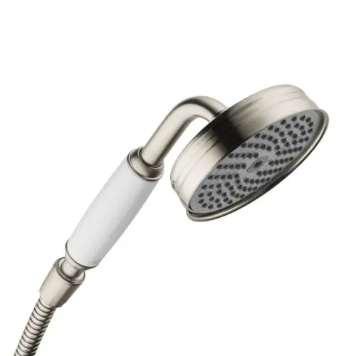 Handbrause mit runder Kopfpartie und mehreren Düsen, in gebürstetem Nickel-Finish. Hersteller ist AXOR. Flexibler Schlauchanschluss sichtbar.